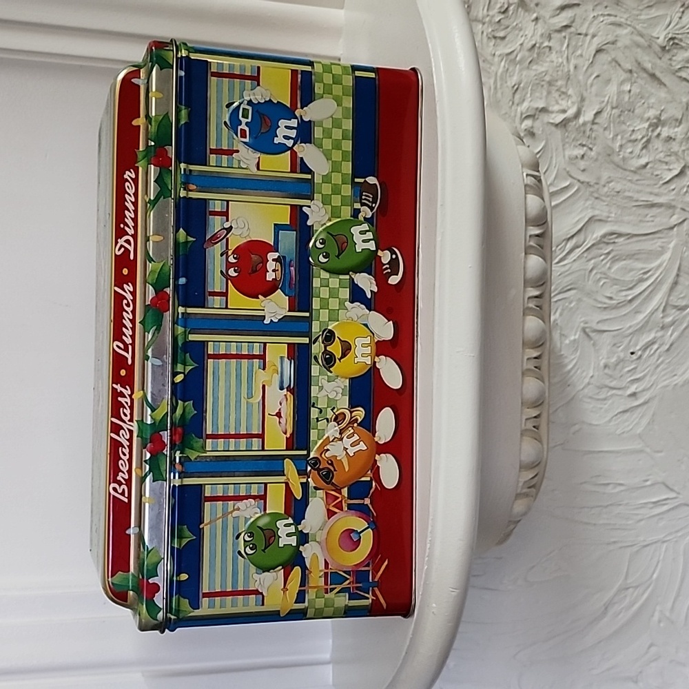 M&M'S Metal Diner Tin "Open 24 Hours" Holly & Lights Metal Container 1996